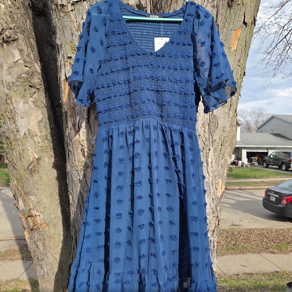 Blue Smocked Midi Dress with Textured Dot Details - Women